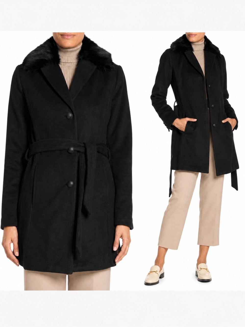 Andrew Marc Black Wool Blend Fox Fur Hooded Belted Coat Size 12 NWT